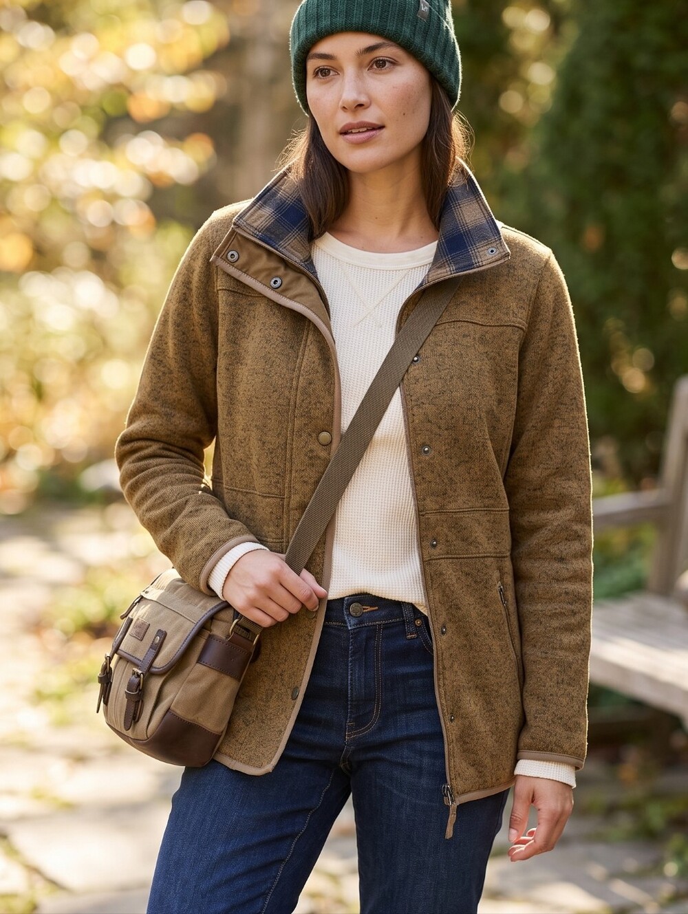 Eddie Bauer Plaid Lined Fleece Jacket Knit Campcore Granola Girl Gorpcore Coat